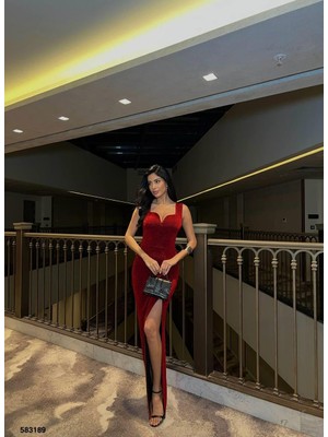 Kırmızı Flowers Kumaş Askılı Yırtmaçlı Maxi Boy Abiye Elbise 583189
