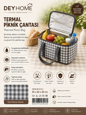 Deyhome Termal Piknik Çantası 35X20X20 cm Isı Yalıtımlı Soğuk Sıcak Tutucu Ekose Desenli Taşıma Çantası