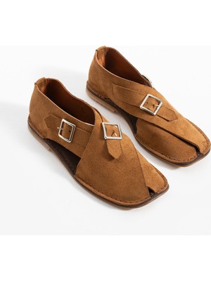 Duxal Shoes Cooper Içi Hakiki Deri Süet Kadın Sandalet Tokalı Günlük Rahat Ayakkabı - Babet