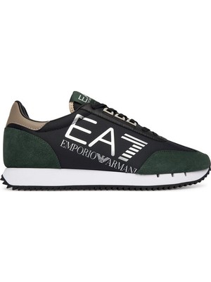 EA7 Erkek Kalın Rahat Taban Logo Desenli Süet Detaylı Siyah-Yeşil Sneaker 7X000541 AF18609-MZ578