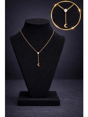 Mdm Style Minimal Zirkon Taşlı Ay Uçlu Gold Kolye