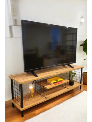 Peka Tv Sehpası 2 Raflı Televizyon Ünitesi Ahşap Ayaklı Metal Bölmeli Çevir Kur