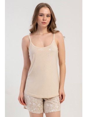 Kezokino Kadın Ince Askılı Şortlu Bej Yazlık Pijama Takımı C3T8N1215