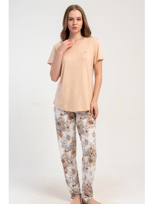 Kezokino Kadın Kısa Kollu Bej Pijama Takımı Rahat Kesim Yazlık Ev Giyim C9T8N1215