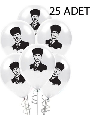 Pandoli Atatürk Baskılı Lateks Balon Beyaz Üzeri Siyah Renk 25 Adet Gösteri