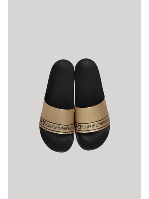 EA7 Erkek Rahat Taban Logo Tasarımlı Siyah - Gold Terlik 7X000110 AF15128-PC001