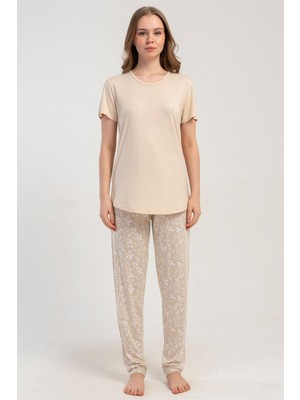 Kezokino Kadın Kısa Kol Bej Pijama Takımı Rahat Kesim Yazlık Ev Giyim Takımı C1T8N1215