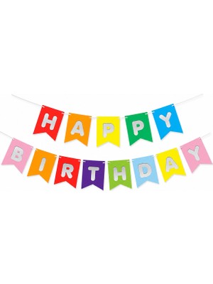 Borapack Happy Birthday Banner Renkli Gümüş Yazı