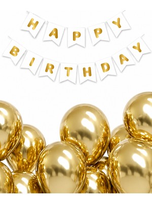 Borapack Happy Birthday Banner Beyaz Gold Yazı