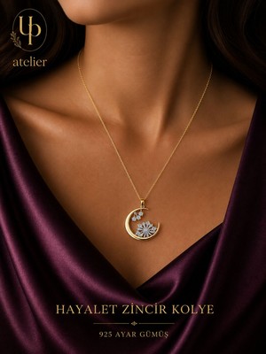 Up Atelier 925 Ayar Gümüş Zirkon Taşlı Gold Renk Yarım Ay Kar Taneli Model