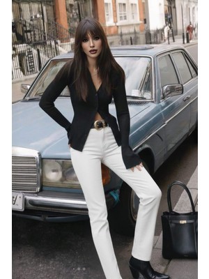 Blue White Kadın Yüksek Bel Slim Fit Dar Paça Beyaz Jean Pantolon