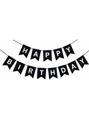 Borapack Happy Birthday Banner  Siyah Gümüş Yazı