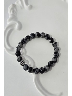 c-bhadu naturel 8 mm Zirkon Taşı Karlı Obsidyen Doğaltaş Bileklik
