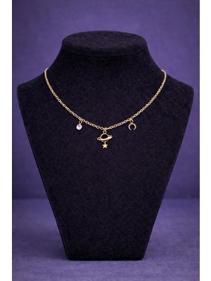 Mdm Style Minimal Gezegen ve Ay Figürlü Charm Gold Kolye