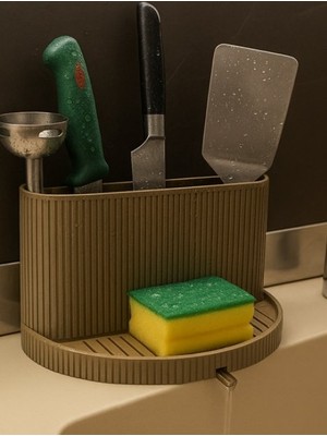 3D Baskı Zamanı Modern Tahliyeli Mutfak Düzenleyici - 3D Tasarım Lavabo Kenarı Bıçak ve Sünger Standı & Su Akıtma Kanallı Estetik Tezgah Organizer