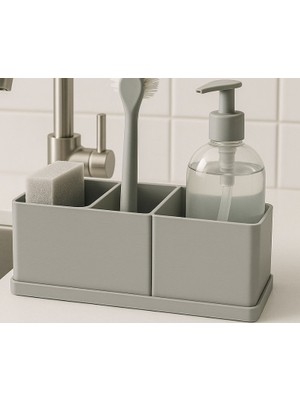 3D Baskı Zamanı Modern 3 Bölmeli Mutfak Lavabo Düzenleyici Seti - Estetik Bulaşık Süngeri, Sabunluk ve Fırça Organizer Standı