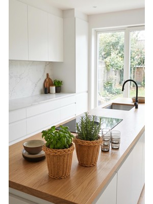 İska Hediyelik Modern Rattan Saksı Kabı 2'li Set - Banyo ve Mutfak Dekoratif Sepet