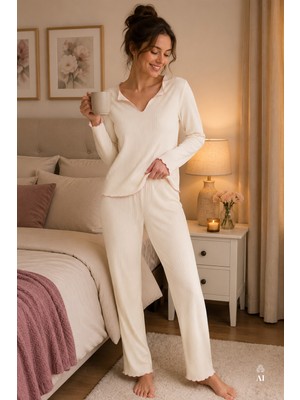 Koza İç Giyim Kadın Soft Touch Fitilli Uzun Kollu Pijama Takımı
