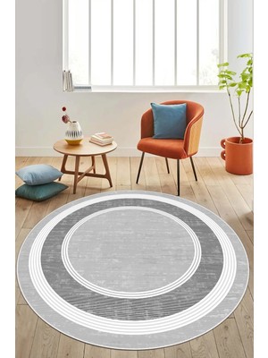 West Home Makinede Yıkanabilir Kaymaz Taban Leke Tutmaz Dijital Yuvarlak Gri Halı