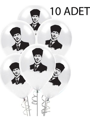 Pandoli Atatürk Baskılı Lateks Balon Beyaz Üzeri Siyah Renk 10 Adet Gösteri