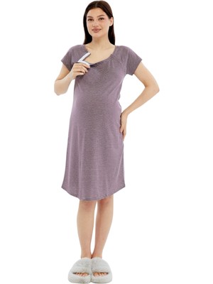 Luvmabelly MYRA9585 Yandan Çıt Çıtlı Hamile Geceliği - Mor Çizgili