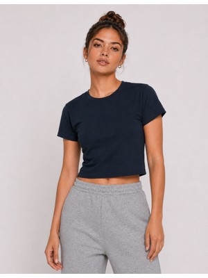 Organickid Basic Kadın Crop Lacivert T-Shirt