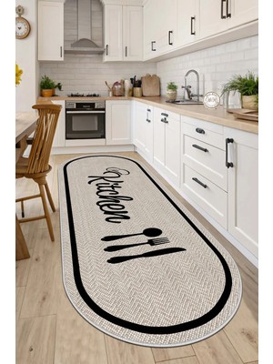 West Home Makinede Yıkanabilir Kaymaz Taban Leke Tutmaz Dijital Bej Oval Mutfak Halısı  ve  Kesme Yolluk
