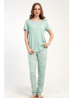 Kezokino Kadın Kısa Kollu Yeşil Pijama Takımı Rahat Kesim Yazlık Ev Giyimi C7T1N2215