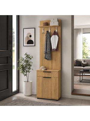 Adore Mobilya Porto Tek Kapılı Çekmeceli Portmanto ve Ayakkabı Dolabı Florida Meşe 52X187X36 cm