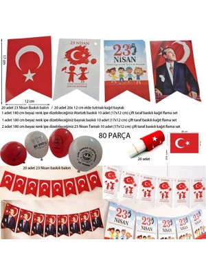 Pandoli 23 Nisan Bayramı 40 Asma Kağıt Flama 20 Balon ve 20 Saplı Bayrak Gösteri Süsleme Seti 80 Parça