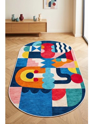West Home Makinede Yıkanabilir Kaymaz Taban Leke Tutmaz Renkli Oval Salon Halısı Mutfak Halısı ve Yolluk