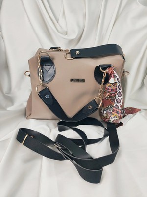 Leaf Accessory Bej Krem Fashion Yazılı Fularlı Geniş Hacim Omuz Çantası