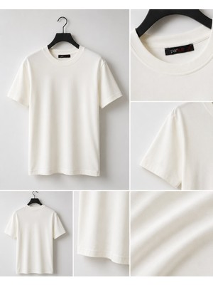 Parkur Erkek Bisiklet Yaka Kısa Kol Ekru Basic Oversize T-Shirt