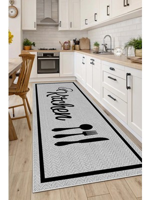 West Home Makinede Yıkanabilir Kaymaz Taban Leke Tutmaz Dijital Gri Mutfak Halısı  ve  Kesme Yolluk