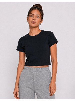 Organickid Basic Kadın Crop Siyah T-Shirt
