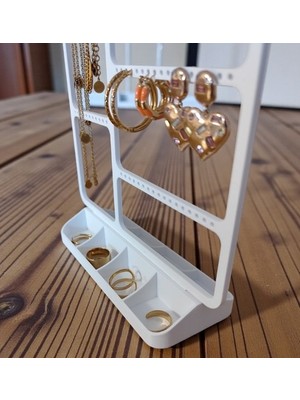 3D Baskı Zamanı Çok Amaçlı Takı Düzenleyici Stand - 3 Kademeli Küpe, Kolye Askısı ve Bölmeli Yüzük Organizer