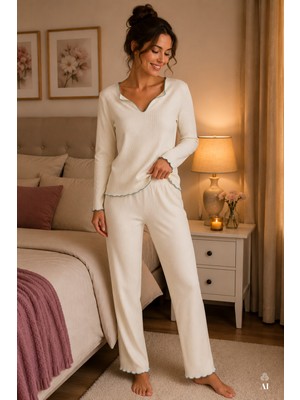 Koza İç Giyim Kadın Soft Touch Fitilli Uzun Kollu Pijama Takımı