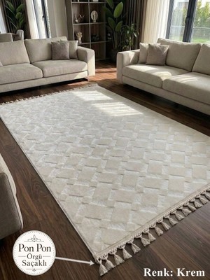 NarStore Home Krem Kaymaz Taban Pon Pon Saçaklı Yıkanabilir Salon Halısı Mutfak Halısı Yolluk