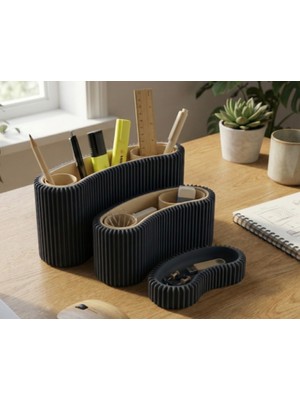 3D Baskı Zamanı Modern Oluklu Masaüstü Organizer Seti | Estetik Kalemlik ve Ofis Düzenleyici