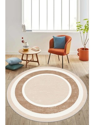 West Home Makinede Yıkanabilir Kaymaz Taban Leke Tutmaz Dijital Yuvarlak Bej Halı