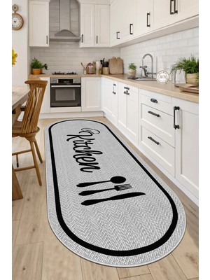 West Home Makinede Yıkanabilir Kaymaz Taban Leke Tutmaz Dijital Gri Oval Mutfak Halısı  ve  Kesme Yolluk