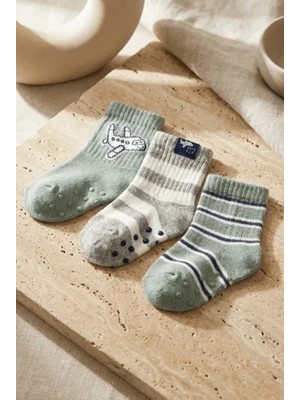 Bony Socks 3'lü Uçak Desenli Bebek Soket Çorap Yeşil Mix