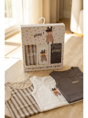 Katia & Bony 3'lü Paket Fare Desenli Çocuk Kutulu Atlet Kahverengi