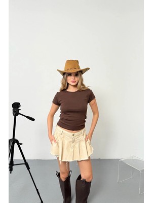 Vadon 1003 Kadın Pamuklu Slim Fit Bisiklet Yaka Yumuşak Dokulu Basic T-Shirt Kahverengi
