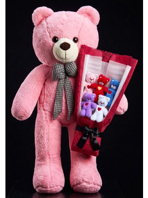 Lenostra Yakın Arkadaşa Anneye Sevgiliye Ablaya Kankaya Alınabilecek 90CM Pembe Büyük Ayıcık ve Renkli Peluş Buketli Hediye