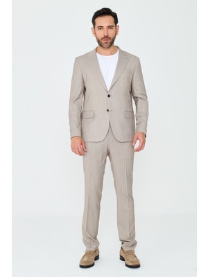 White Stone Bej Çizgili Sivri Yaka 6 Drop Regular Fit Günlük Takım Elbise