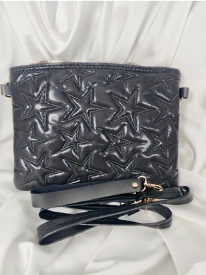 Leaf Accessory Yıldız Desenli Siyah Kapitone Clutch Portföy Bilek ve Omuz Çantası
