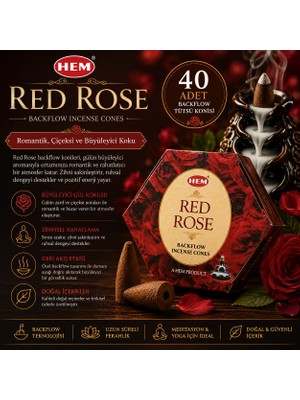 İki Yedi Konsept Hem Red Rose 40 Adet Geri Akış Tütsü Konisi Gül Kokulu Backflow Tütsü Meditasyon Aroması