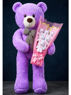 Lenostra 90CM Mor Büyük Peluş Ayıcık Pembe Ambalajlı Beyaz Ayıcık Buketi Kalp Detaylı Sevimli Peluş Hediye Seti Eşe Sevgiliye Özel