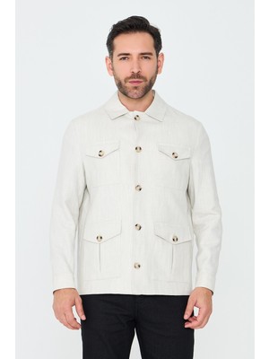 White Stone Taş Rengi Düğmeli Keten 4 Cepli Mevsimlik Ceket Mont